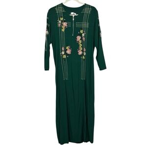 Embroidered Kaftan Shift Dress Women M Green Long Sleeve Lined Gauzy Boho Ethnic